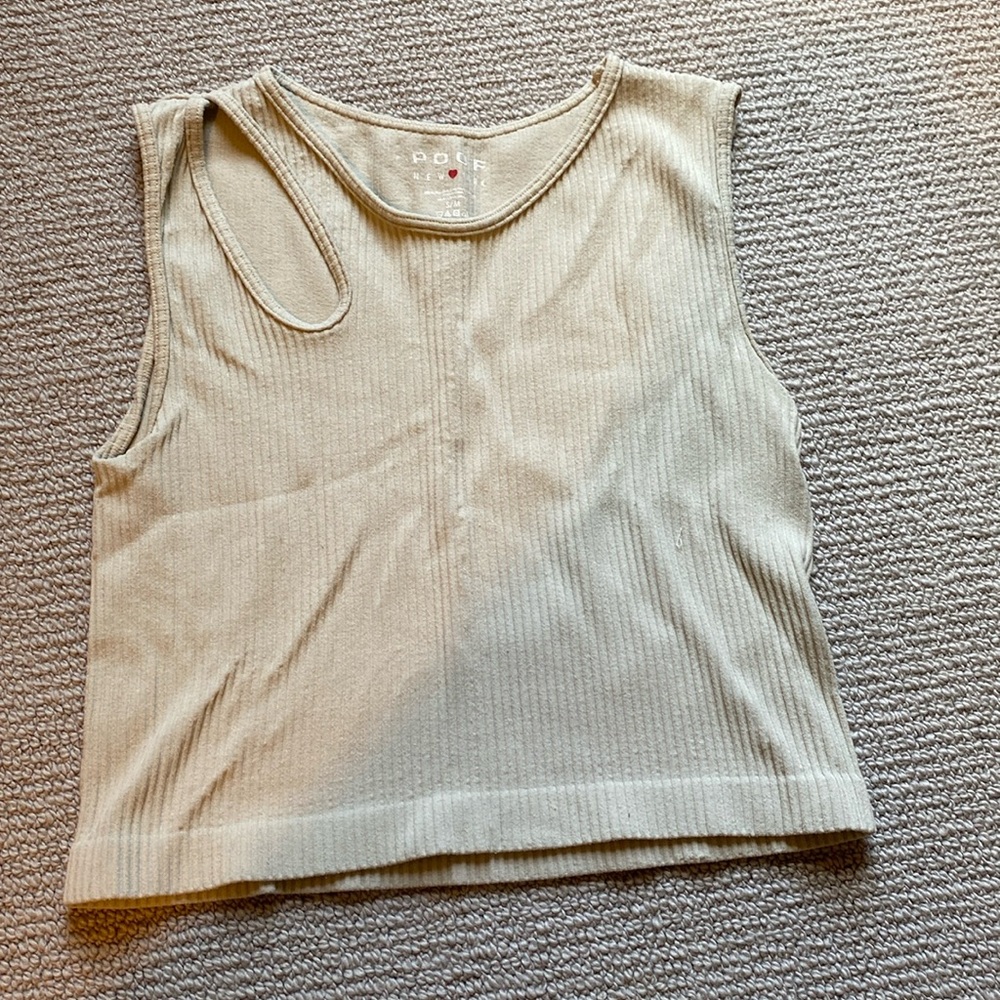 Beige greenish cream crop tank with cutout